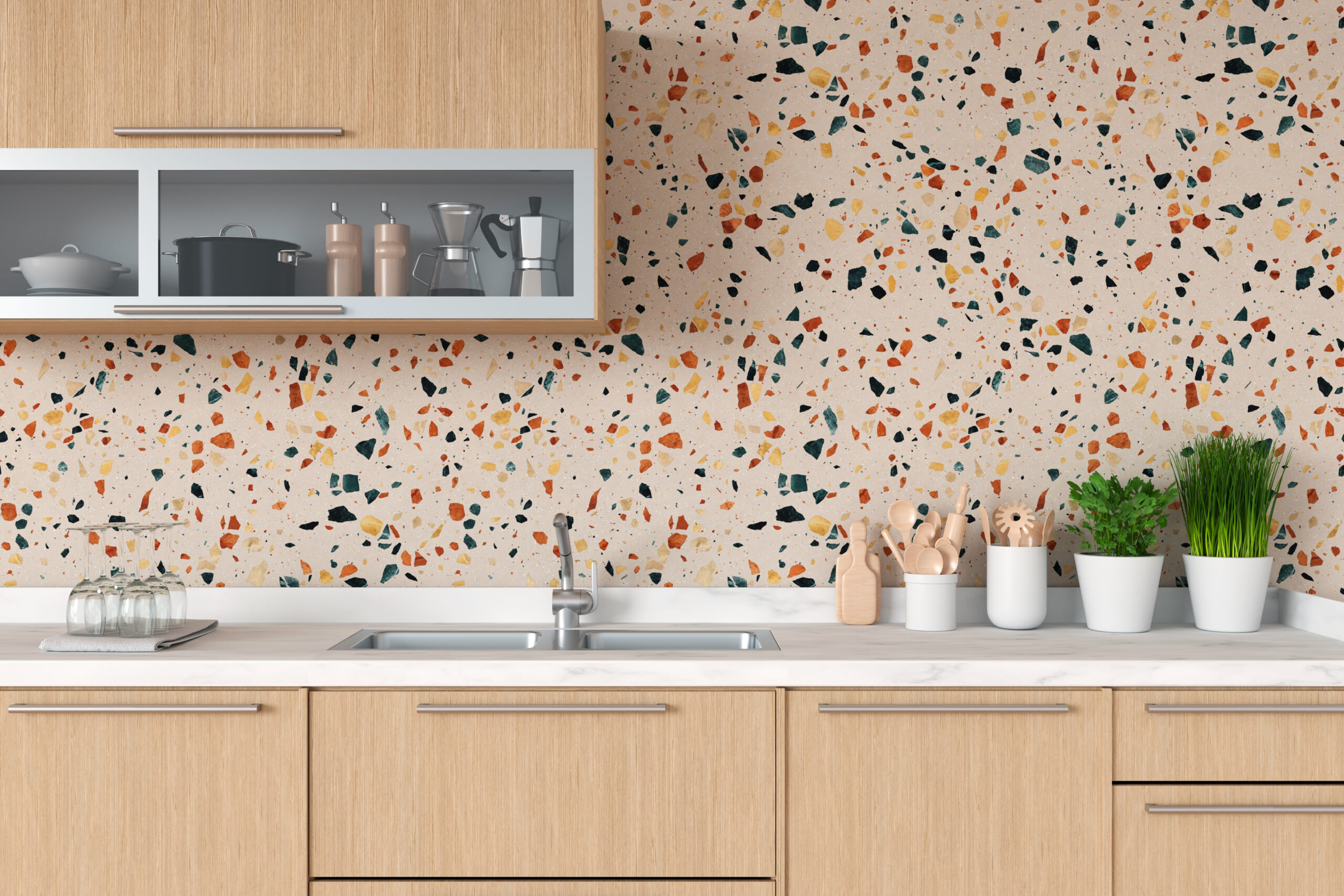 pinkish sprinkled terrazzo tile in a kitchen